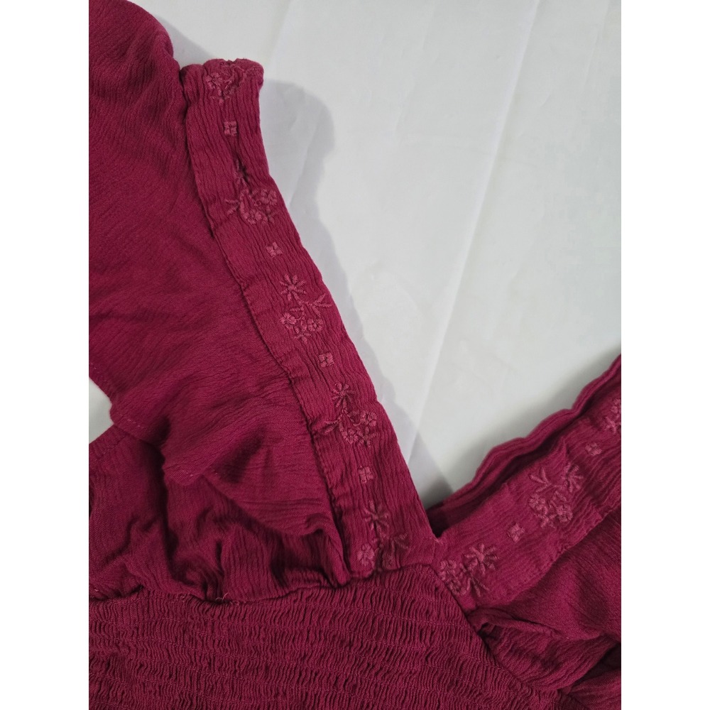 Stradivarius Smocked Crop Top Pink Embroidered Ruffle V-Neck Boho Sleeveless S - Picture 7 of 16